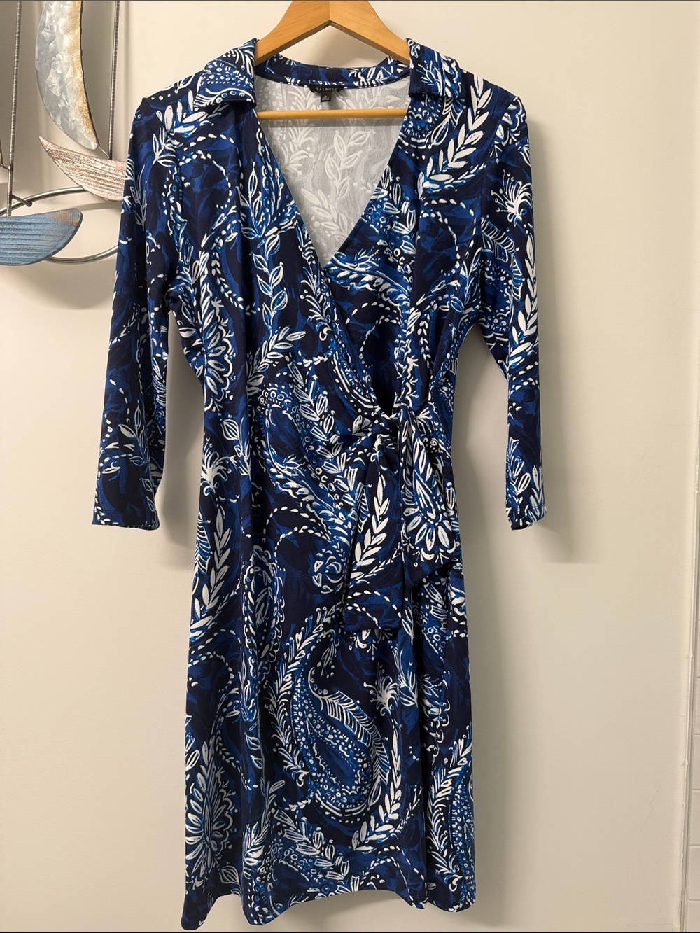 Talbots Navy and White Printed Faux Wrap Dress